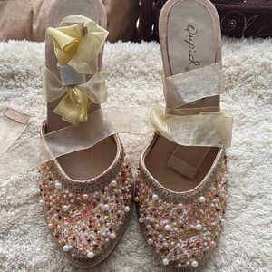 Qupid Gold and Cream Beaded Mules with Ribbon
